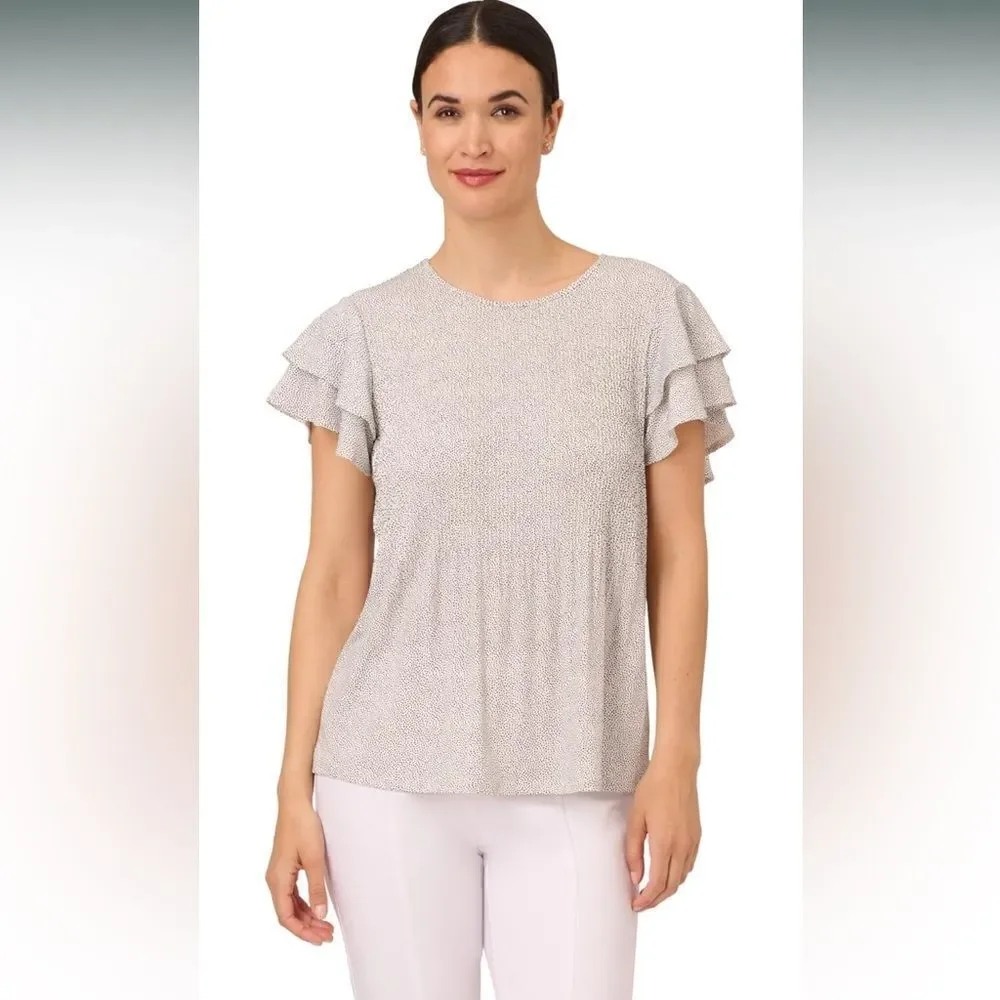 Adrianna Papell Ivory/black dot pleated knit double sleeve top size M